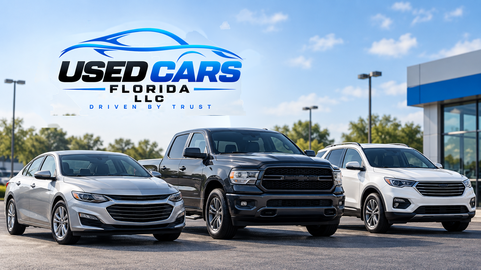 Used Cars Florida dealership artwork with a sedan, pickup and SUV